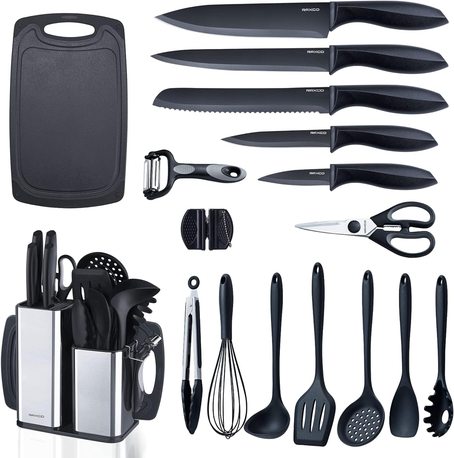 RAXCO Kitchen Utensils Set For Cooking,7 Cooking Utensils,5 Kitchen accessories,6 Knife set,utensilios de cocina,Black