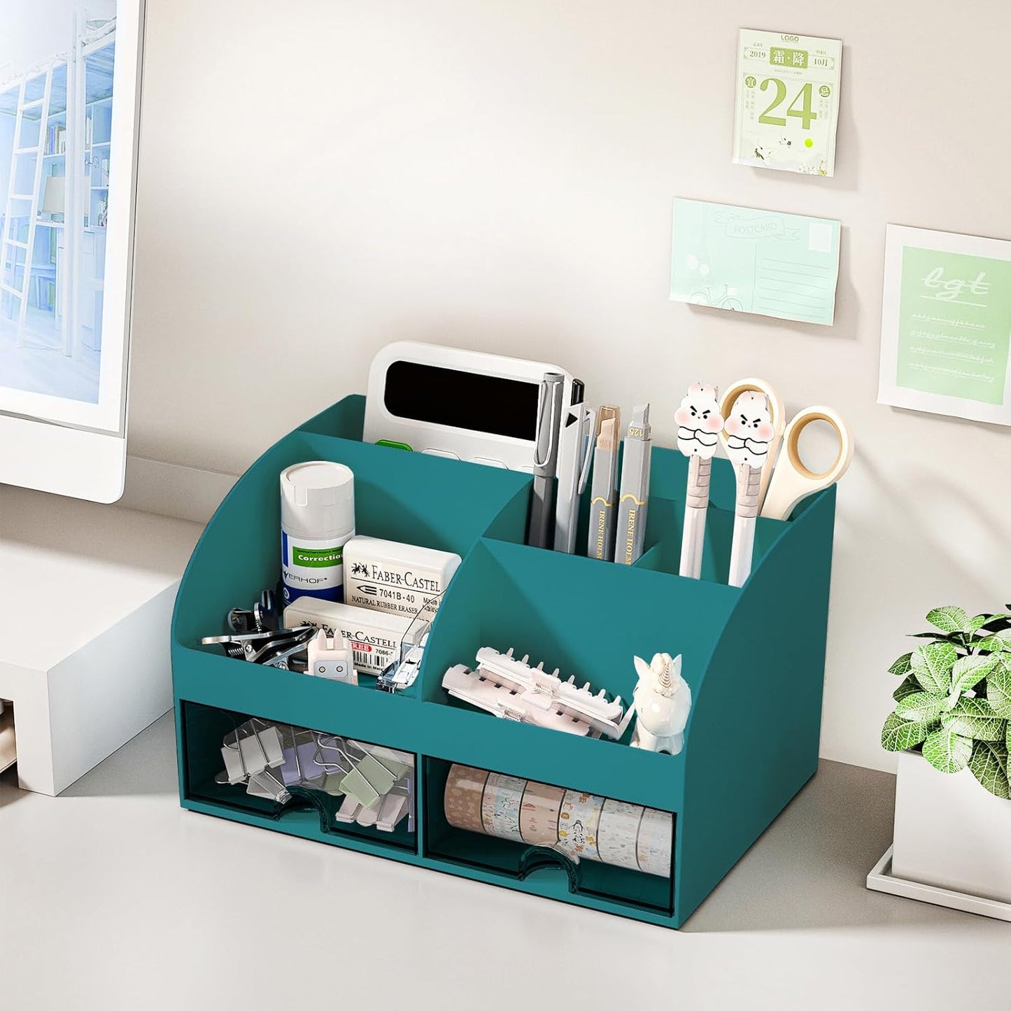 COMFYROOM Desk Organizer with 6 Compartments and 2 Drawers, Plastic Makeup Organizer, Pen Holder for Desktop Storage, Desk Organization for School, Home, Office Supplies (Dark Green)