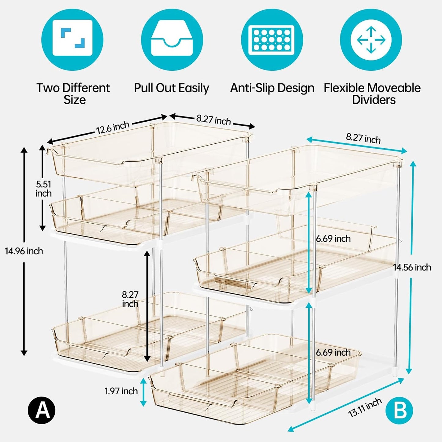 Delamu 2 Pack 3-Tier Bathroom Under Sink Organizers and Storage, Multi-Purpose Stackable Pantry Organization and Storage, Pull Out Clear Kitchen Bathroom Cabinet Organizer with Movable Dividers, Amber