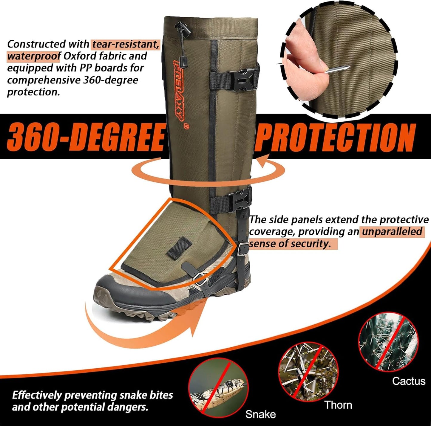 Frelaxy Snake Gaiters, Waterproof Snake Guard Chaps, Snake Bite Protection for Lower Legs, Adjustable Snake Proof Gaiters for Hunting/Outdoor Working, Fit for Men & Women