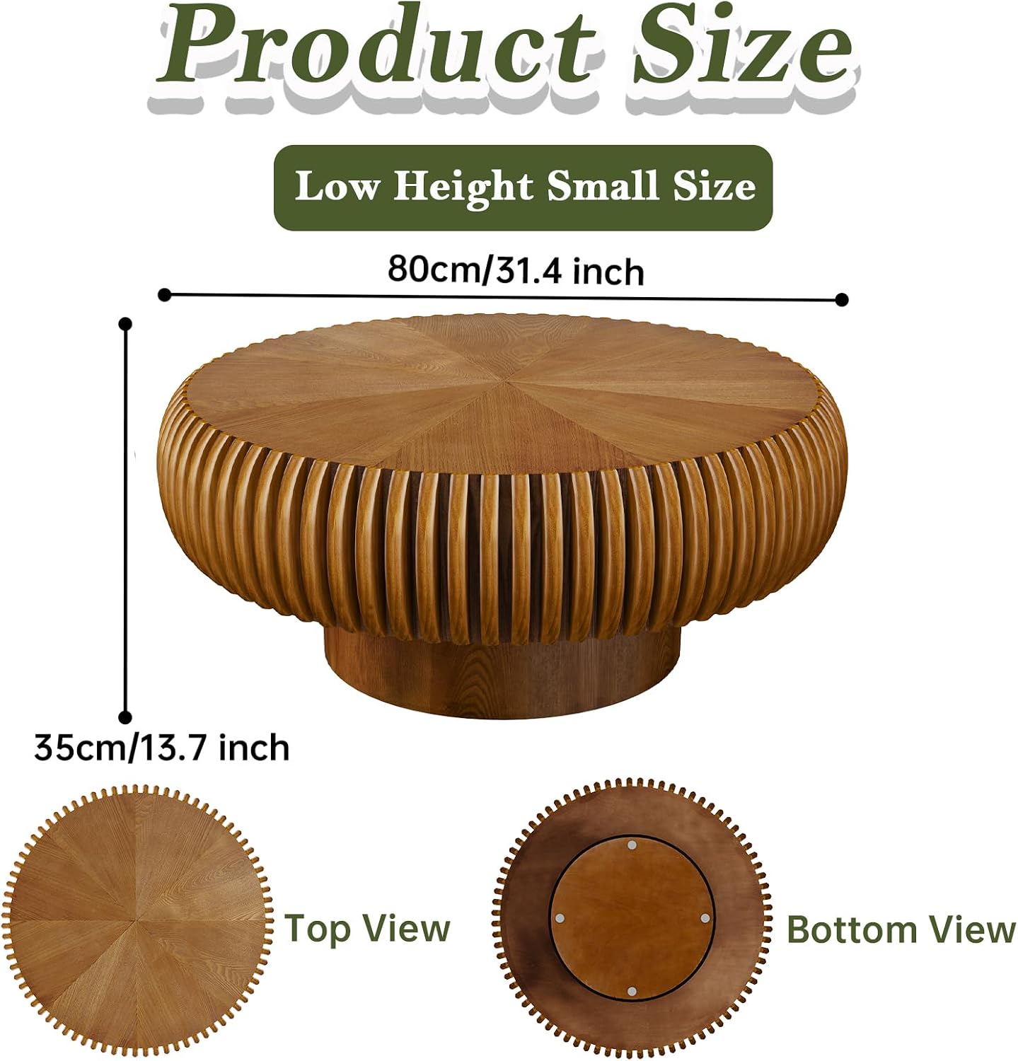 31 inch Brown Round Fluted Coffee Table for Living Room (E, 1PC) | Mid Century Modern Style, Drum Shape, Low Circle Center Table, Wood Fluted Stripes, For Small Spaces, Easy to Assemble