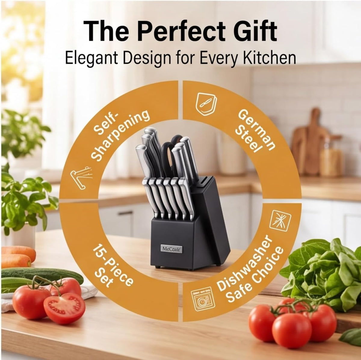 McCook® Knife Sets, German Stainless Steel Knife Block Sets with Built-in Sharpener, 15 Piece Chef Knife and More, Razor Sharp, Restaurant Grade, Anti-Rust, Elegant Box for Gift