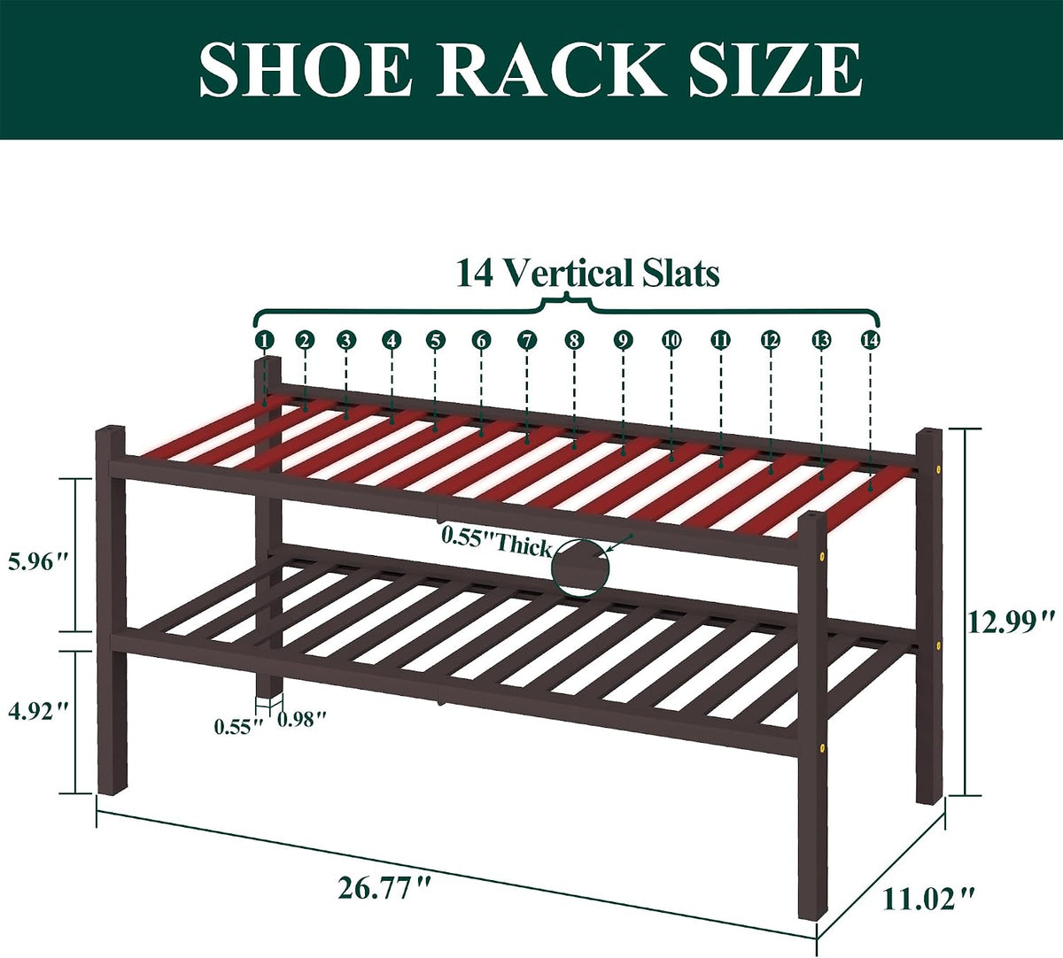 Smiry Bamboo Shoe Rack for Closet, 2 Tier - 26.77" Wide, Brown
