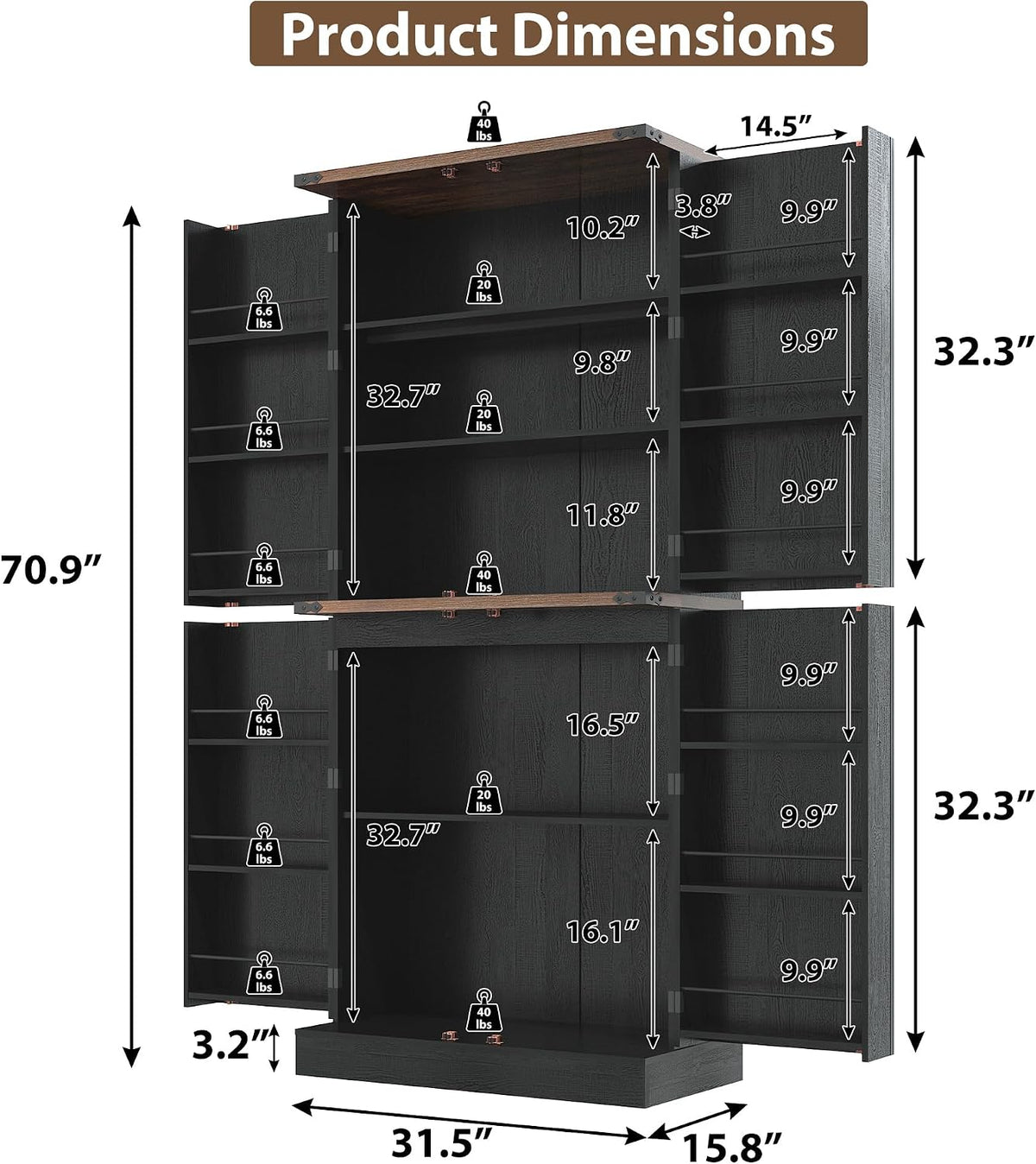 71" Tall Kitchen Pantry Cabinet, Farmhouse Tall Kitchen Storage Cabinet with Adjustable Shelves & 4 Barn Style Doors, Wooden Storage Cabinet for Kitchen, Dining Room, Living Room, Bathroom, Office