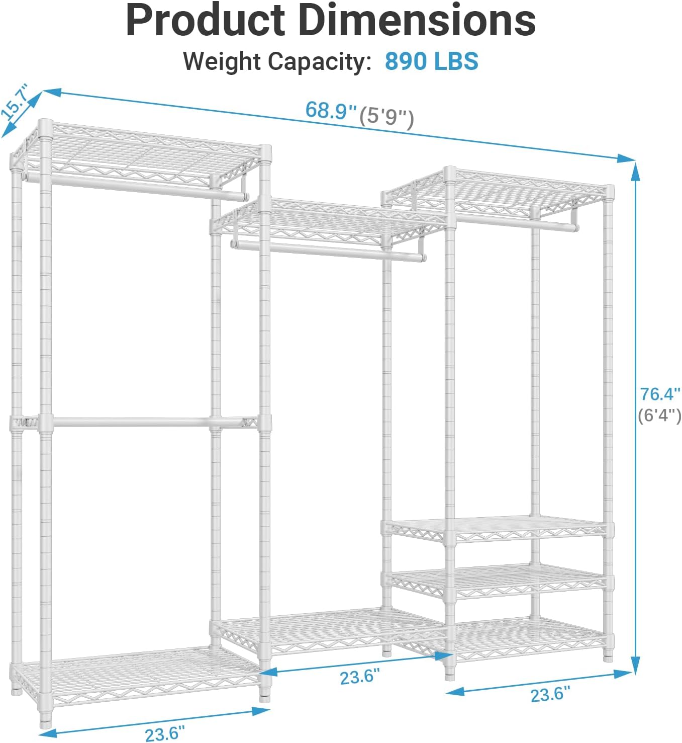 VIPEK V5 Portable Closet Wardrobe Heavy Duty Clothes Rack, Freestanding Clothing Racks with 4 Hang Rods & 8 Shelves, Adjustable Custom Closet Racks, 68.9" L x 15.7" W x 76.4" H, Max Load 890LBS, White