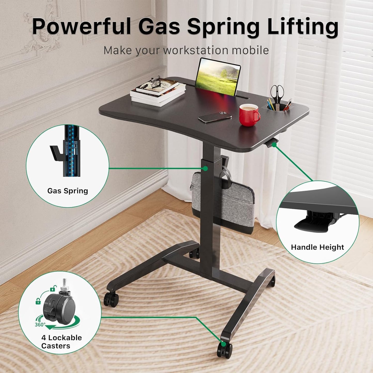 Gibbon Mounts Mobile Standing Desk, Height Adjustable Rolling Laptop Desk with Cup Holder, 27 inches Portable Sit Stand Desk with Wheels and Hook, Pneumatic Computer Table, Black