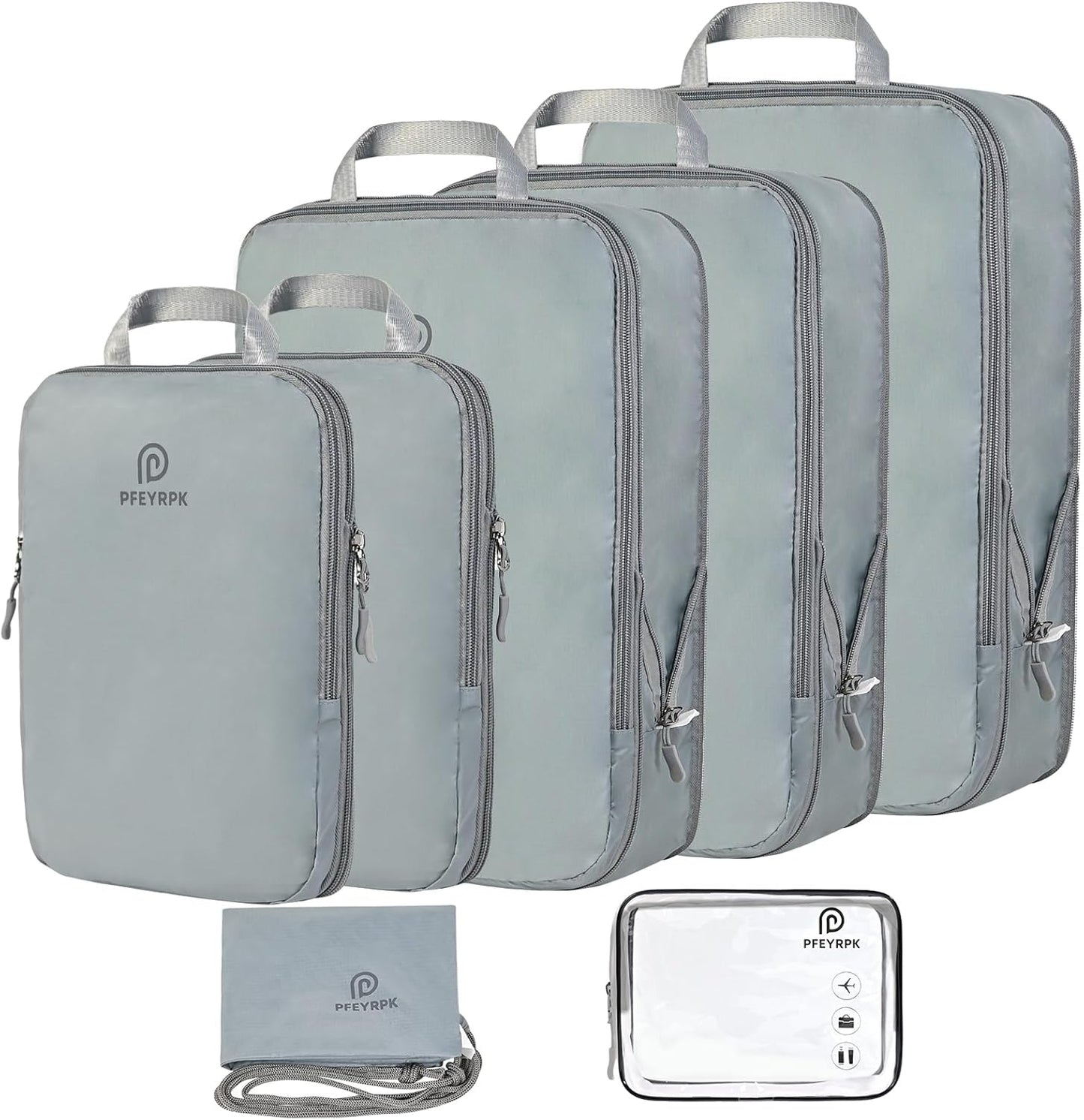 PFEYRPK Lightweight Compression Packing Cubes for Suitcases, Compressible Expandable Travel Packing Organizer with Clear Toiletries and Backpack Bag, Travel Essentials for Carry on Luggage 7 Set