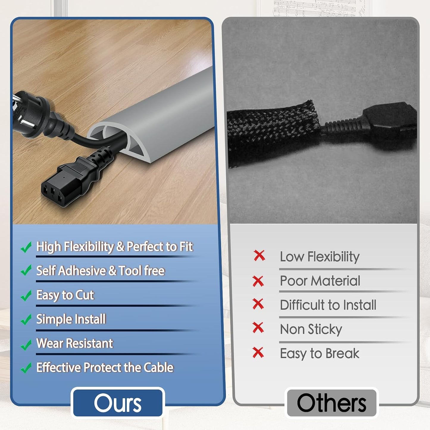 Floor Cord Cover for Wires on Floor Self Adhesive Cord Hider | Floor Cable Cover Floor Wire Covers for Cords Prevent Cable Trips, Cord Cavity W 0.51" x H 0.31", Gray, 10Ft