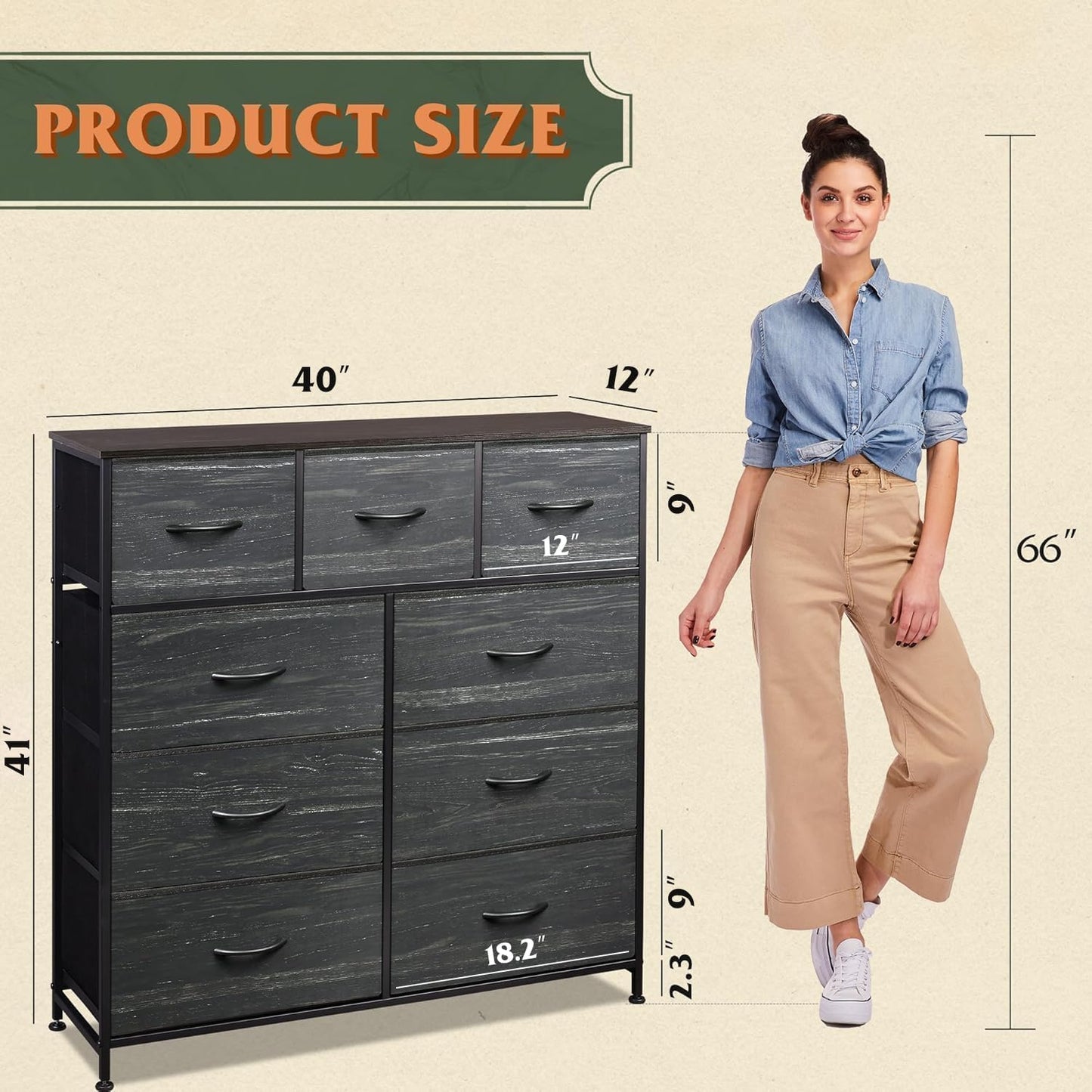 WLIVE 9-Drawer Dresser, Fabric Storage Tower for Bedroom, Entryway, Closet, Tall Chest Organizer Unit with Fabric Bins, Steel Frame, Wood Top, Easy Pull Handle, Charcoal Black Wood Grain Print