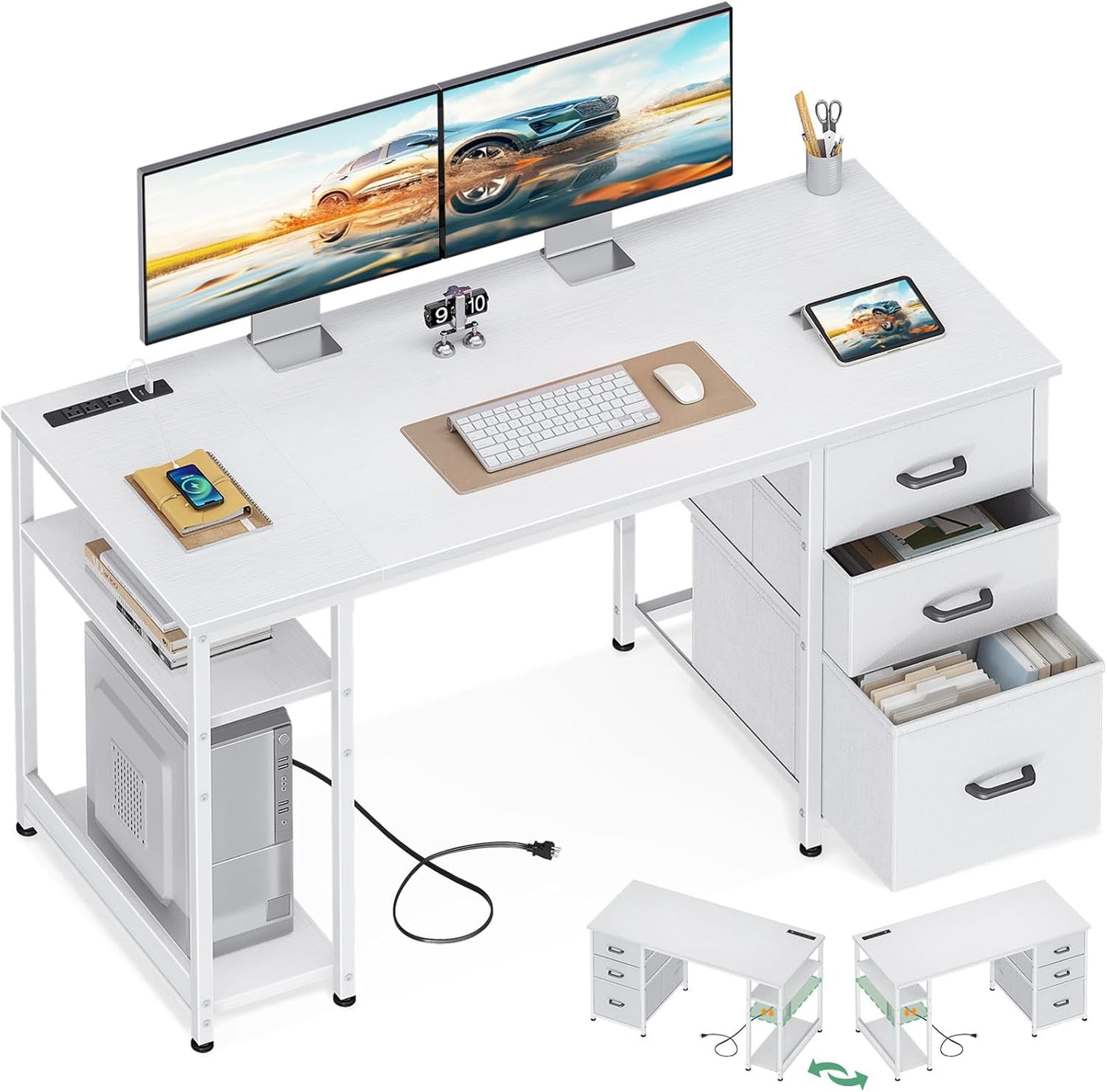 AODK 51 Inch Computer Desk with Fabric Drawers & USB Power Outlets, Reversible Home Office Desk with Storage Shelves, Work from Home, Modern Work/Writing/Study Table for Bedroom, Black