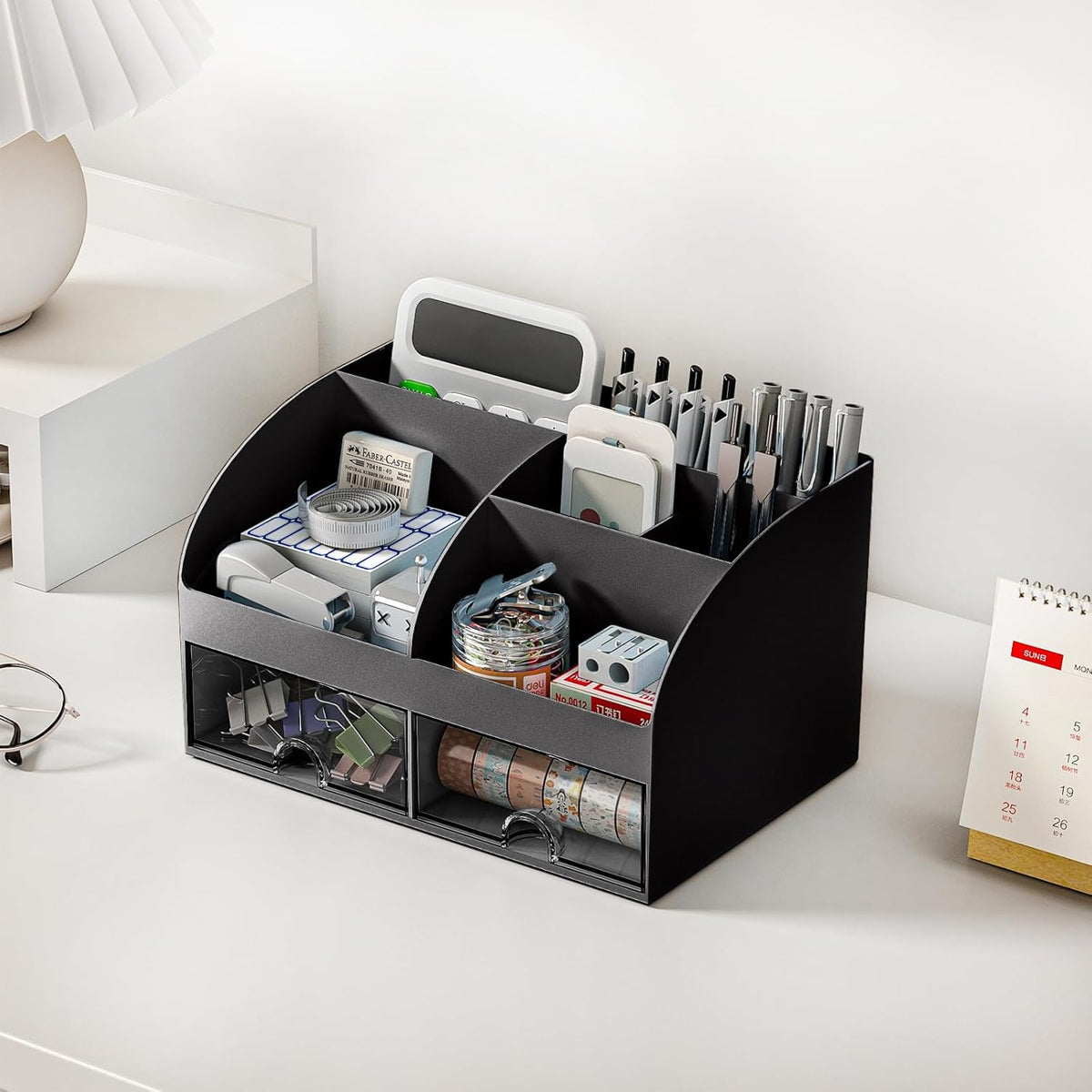 COMFYROOM Desk Organizer with 6 Compartments and 2 Drawers, Plastic Makeup Organizer, Pen Holder for Desktop Storage, Desk Organization for School, Home, Office Supplies Black-2Pack