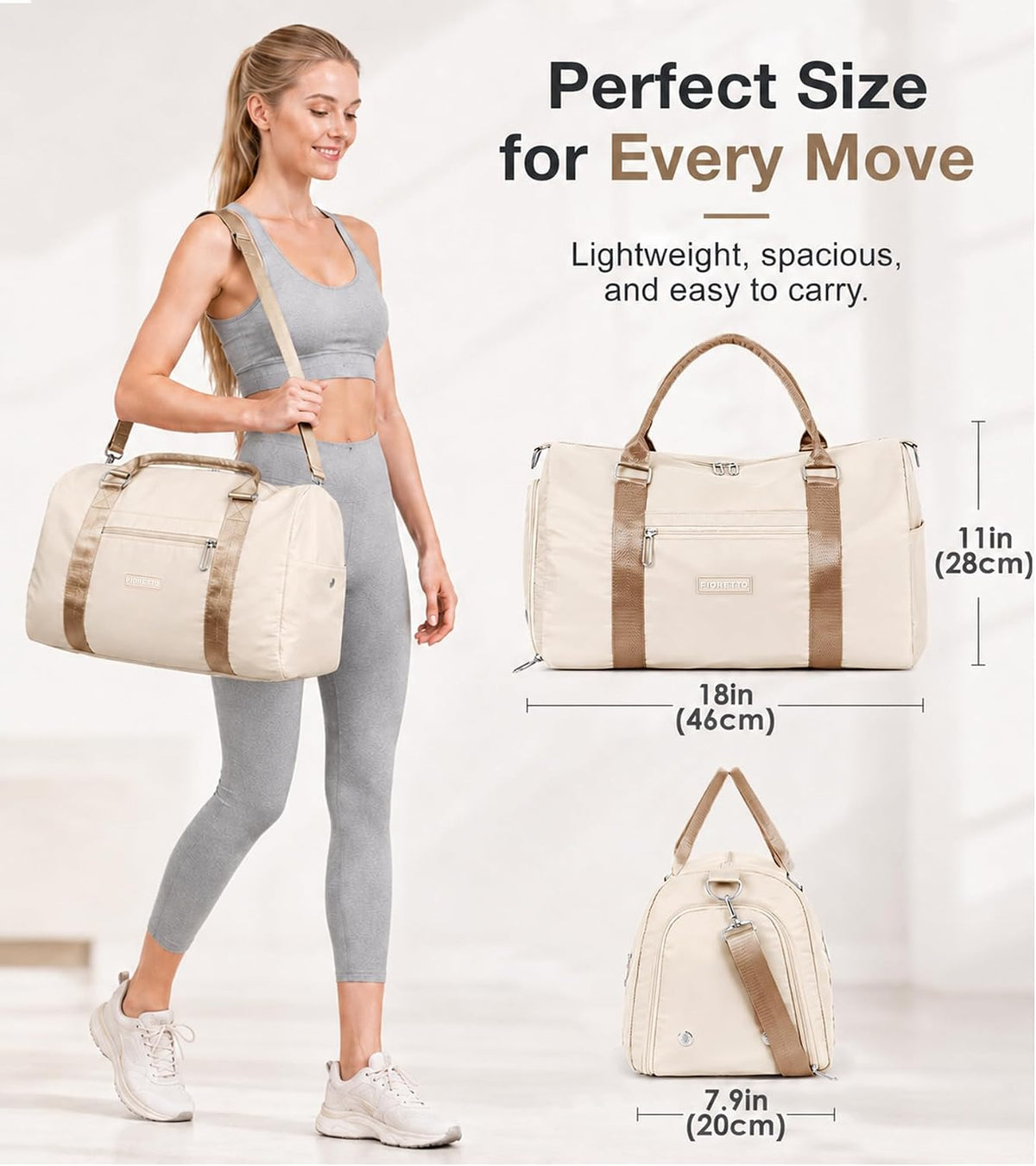 FIORETTO Womens Gym Tote Duffle Bag with Wet Pocket & Shoe Compartment, Sports Duffel Overnight Weekender Hospital Workout Carry on Bag for Girls, Ideal for Travel, Swimming, Dance, Ballet Beige