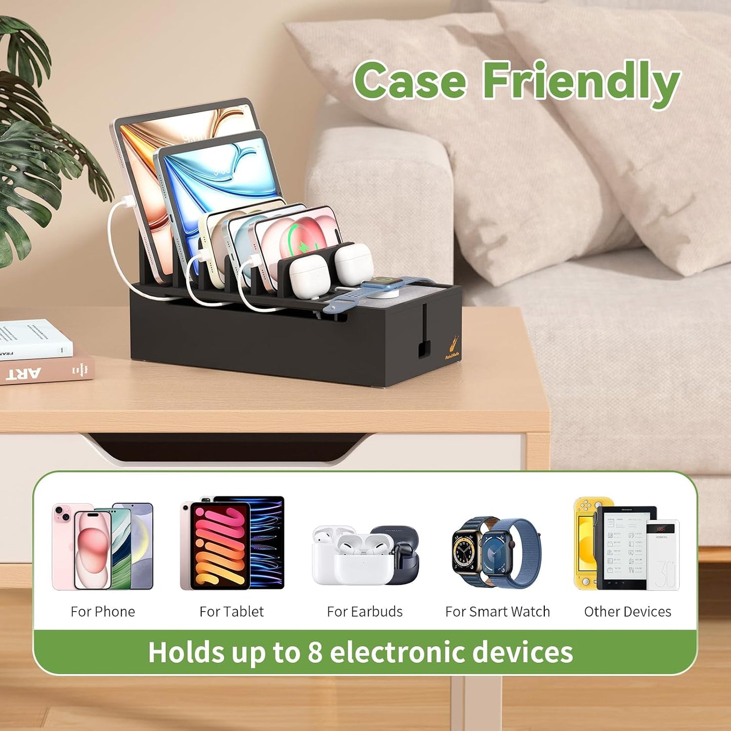 Pezin & Hulin Multi Charger Station Organizer - Black Bamboo | 5-Port HUB with 6 Cable, Cable Management Box, Cord Organizer for Desk, Wire Organizers and Storage for Cord and Power Strip
