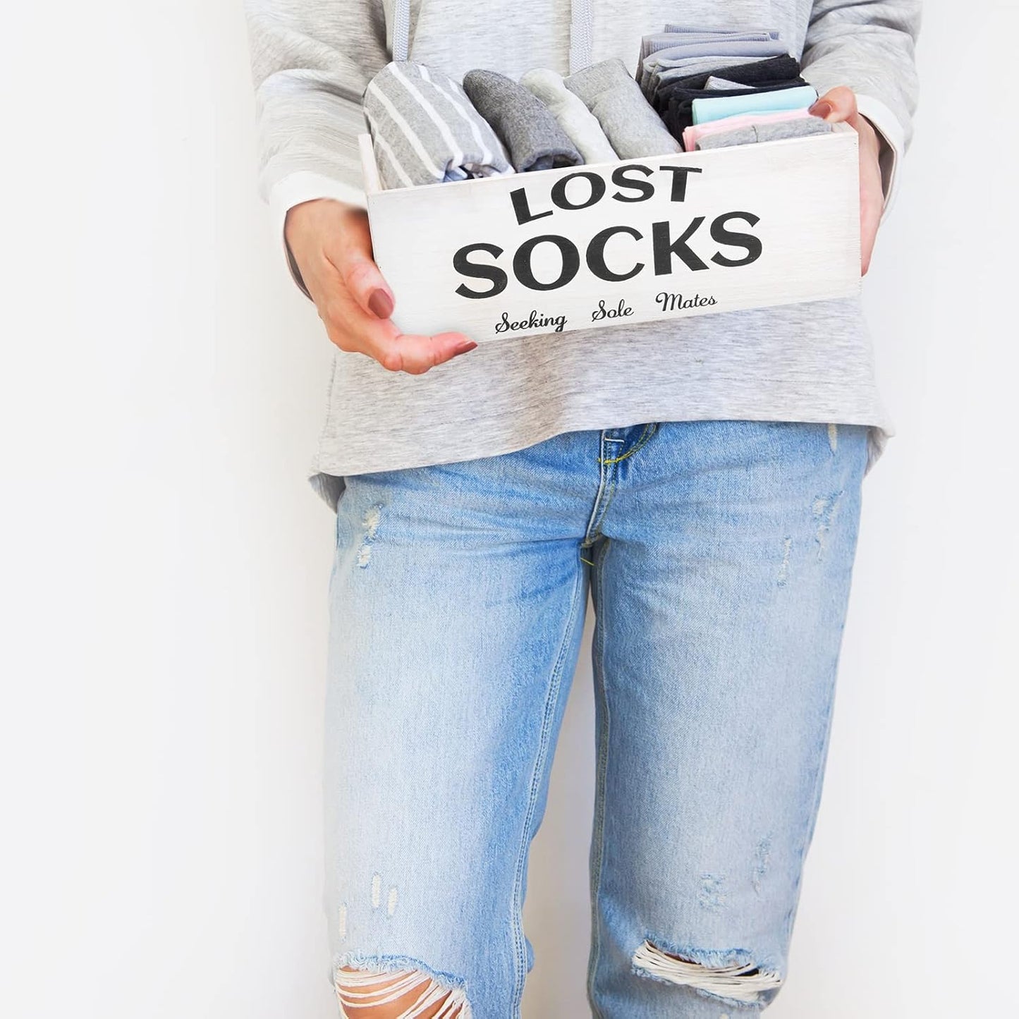 Blulu Lost Socks Basket Sign Farmhouse Laundry Room Decor and Accessories Lost Socks Bin Hanging Wall Storage Organization for Laundry Room Storage(White)