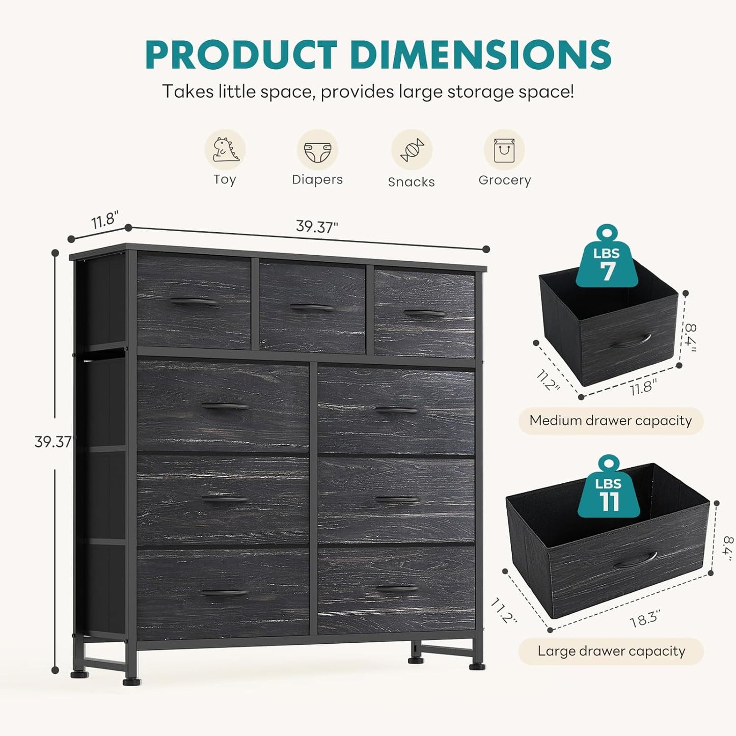 OLIXIS 9 Drawer Storage Dresser with Wood Top - Wide Fabric Chest Organizer for Bedroom, Closet, Living Room,Tower Cabinet, TV Stand, Hallway Entryway Furniture,Black Wood Grain
