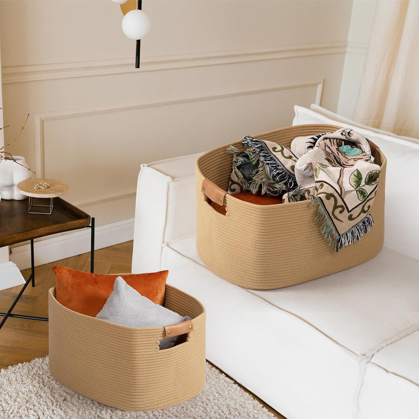 danpinera Large Blanket Basket for Living Room, 72 L Woven Cotton Rope Baskets for Kids Toy, Pillows, Towels, Cotton Organizing with leather handle, Storage Bin for Nursery, 22’’*17’’*11.8’’ Jute
