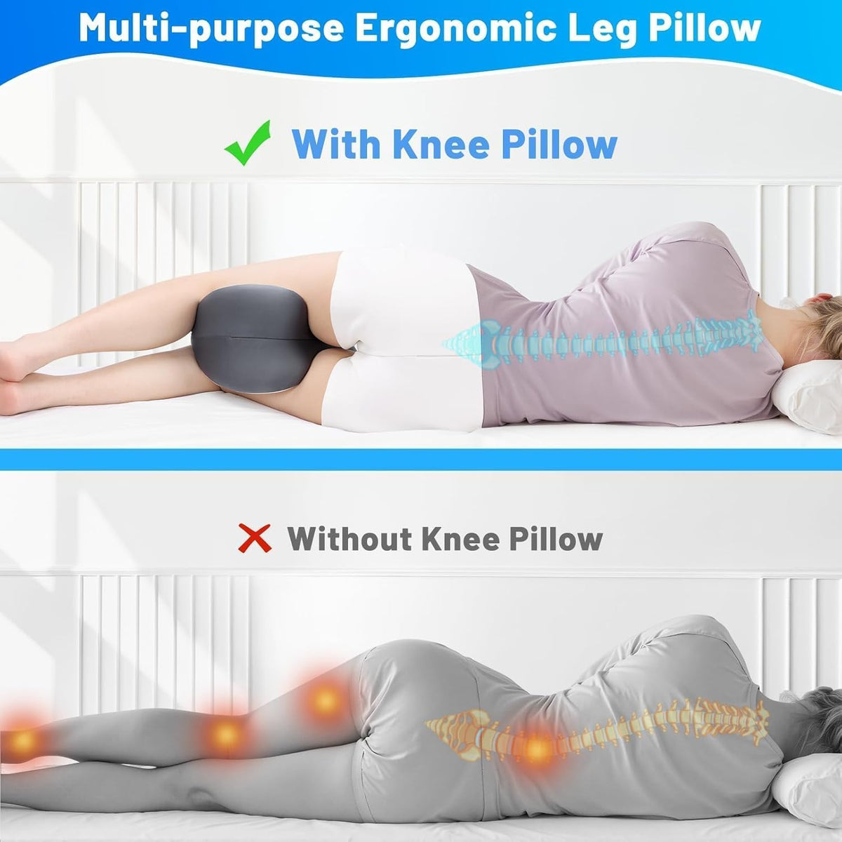 Knee Pillow for Side Sleepers, Leg Pillow with Cooling Cover, Memory Foam Body Pillow for Side Sleeping, Heart-Shape Cushion for Hip, Back & Sciatica Pain Relief, Grey