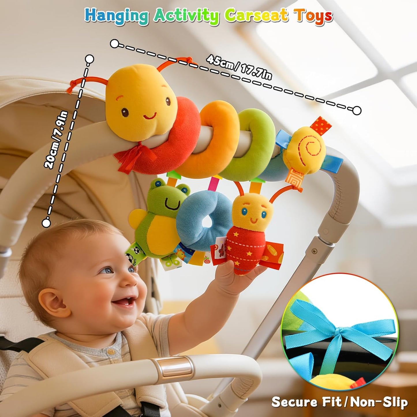 Spiral Car Seat Toys - Baby Sensory Soft Plush Hanging Toys for 0-12 Months Stroller Crib Accessories, Essentials for Expecting Moms & Baby Shower Registry Gift