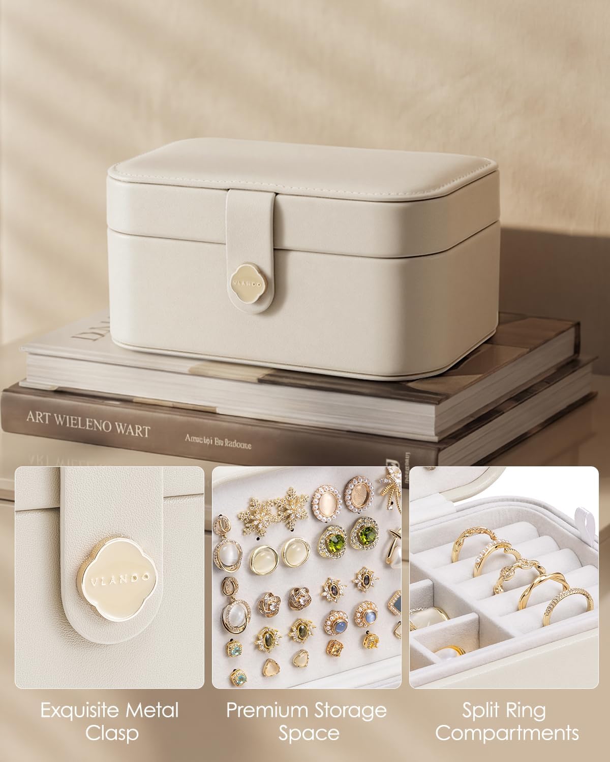 VLANDO Travel Jewelry Case, 2-Layer Jewelry Box, Portabel Travel Organizer for Necklaces, Earring, Bracelets, Ring, Watch - Large Capacity Travel Jewelry Storage - Cloud White