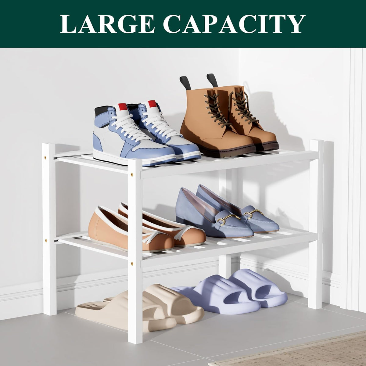 Smiry Bamboo Shoe Rack for Closet, 2 Tier - 17.32" Wide, White