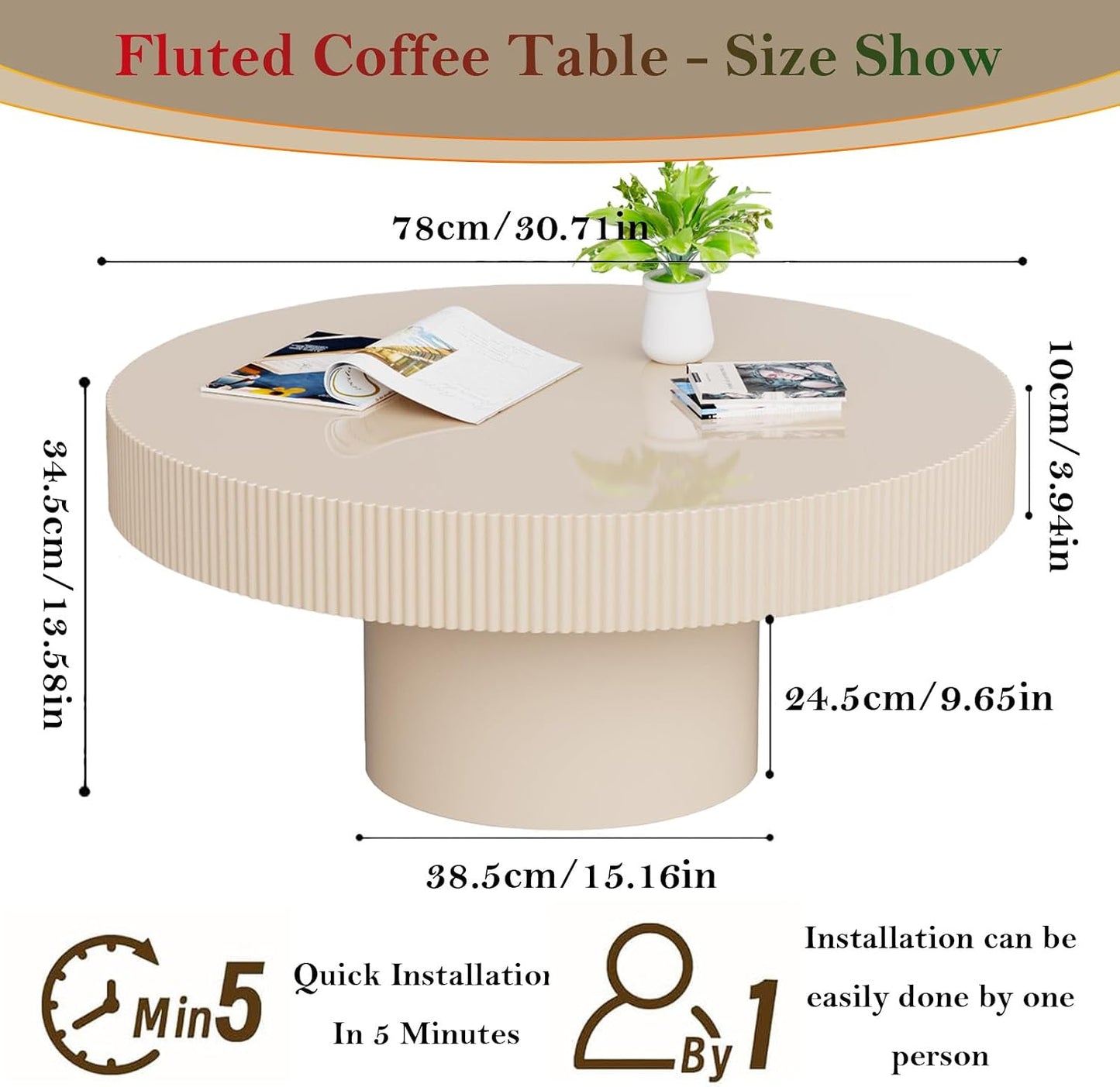 Round Fluted Coffee Table with Sturdy Pedestal (Lvory White Thin 30.71in) | Rustic Circular Pedestal Center Table with Round Thin Tabletop, for Living Room Reception Room Study Farmhouse