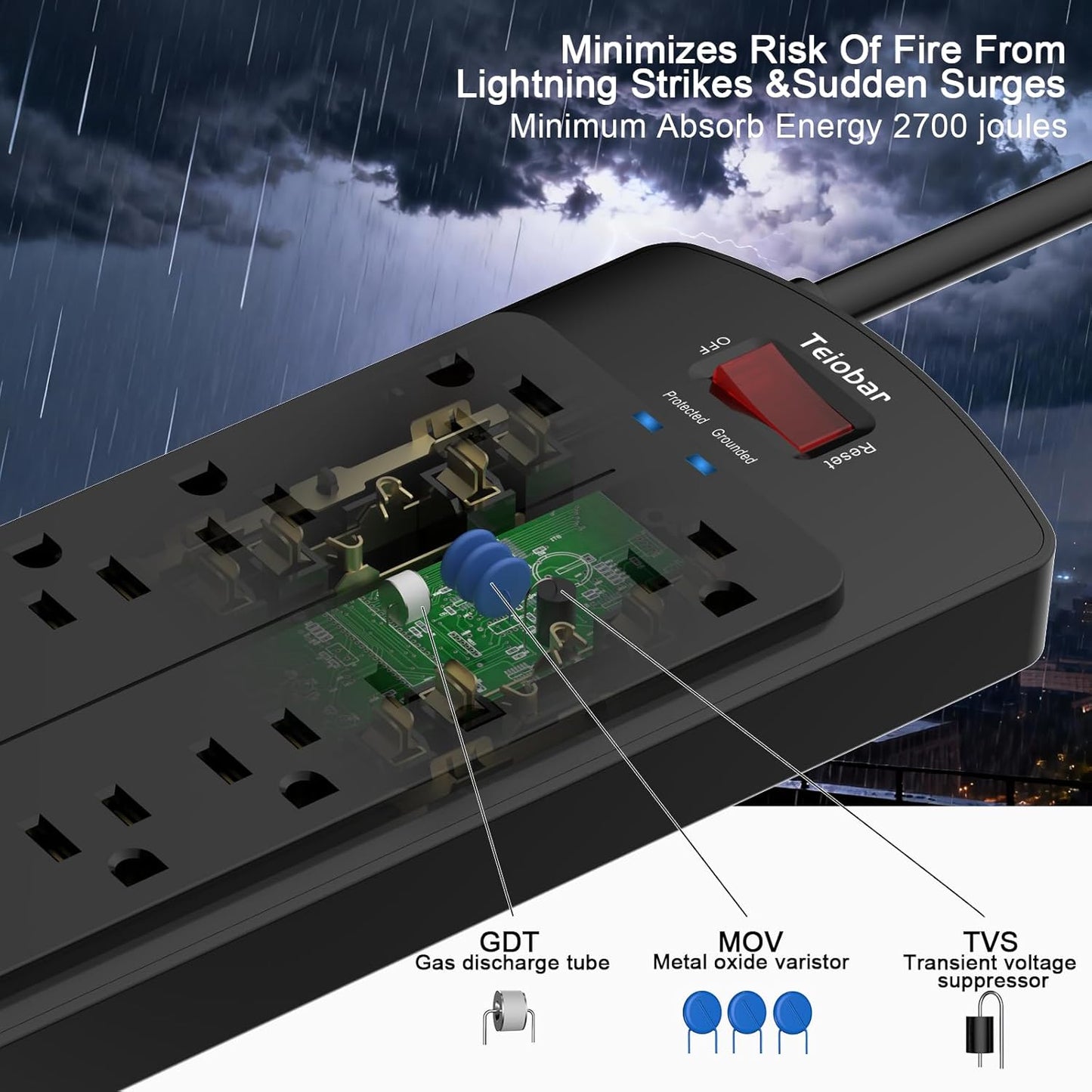 6 Ft Extension Cord Power Strip, Teiobar Surge Protector with 12 AC Outlets and 4 USB Ports for Home, Office, Dorm Essentials, 2700 Joules, ETL Listed, Black