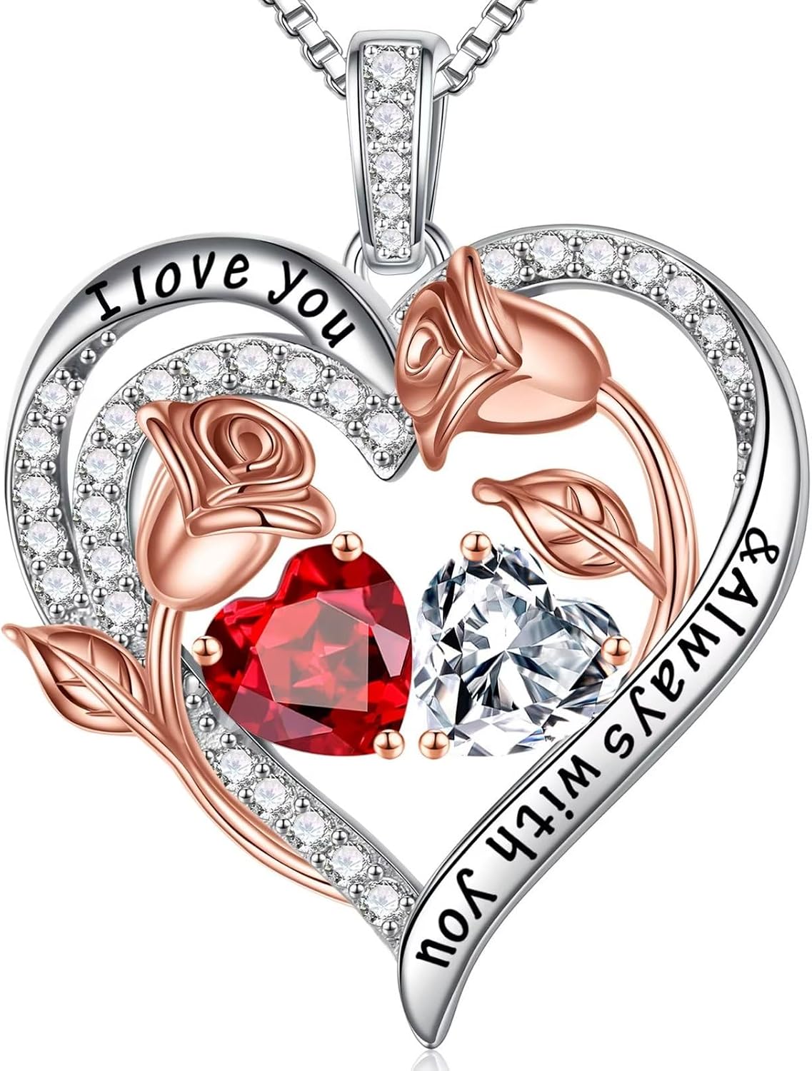 Iefil Birthstone Necklace for Women - Rose Heart Necklace