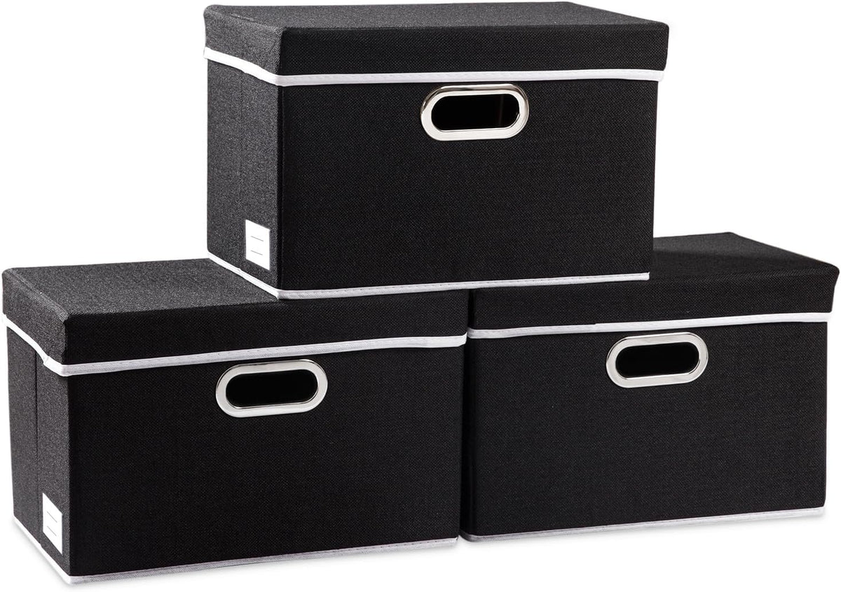 PRANDOM Foldable Storage Box with Lid [3-Pack] Fabric Collapsible Storage Bin Organizer Container Basket Cube with Cover for Home Bedroom Closet Office Nursery Black (14.9x9.8x9.8)