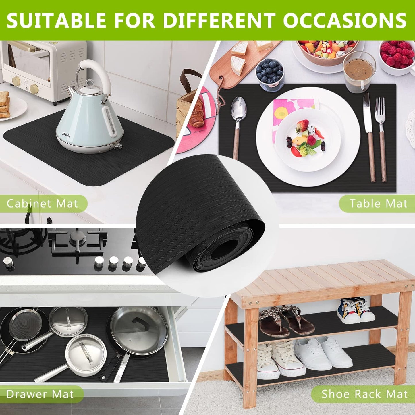Shelf Drawer Liner for Kitchen Cabinets, Durable Pantry Shelving Liners for Tool Box Closet Refrigerator Non Stick Waterproof Plastic Cabinet Protector Liners Mat Washable, Black 11.8 x 236.2 inches
