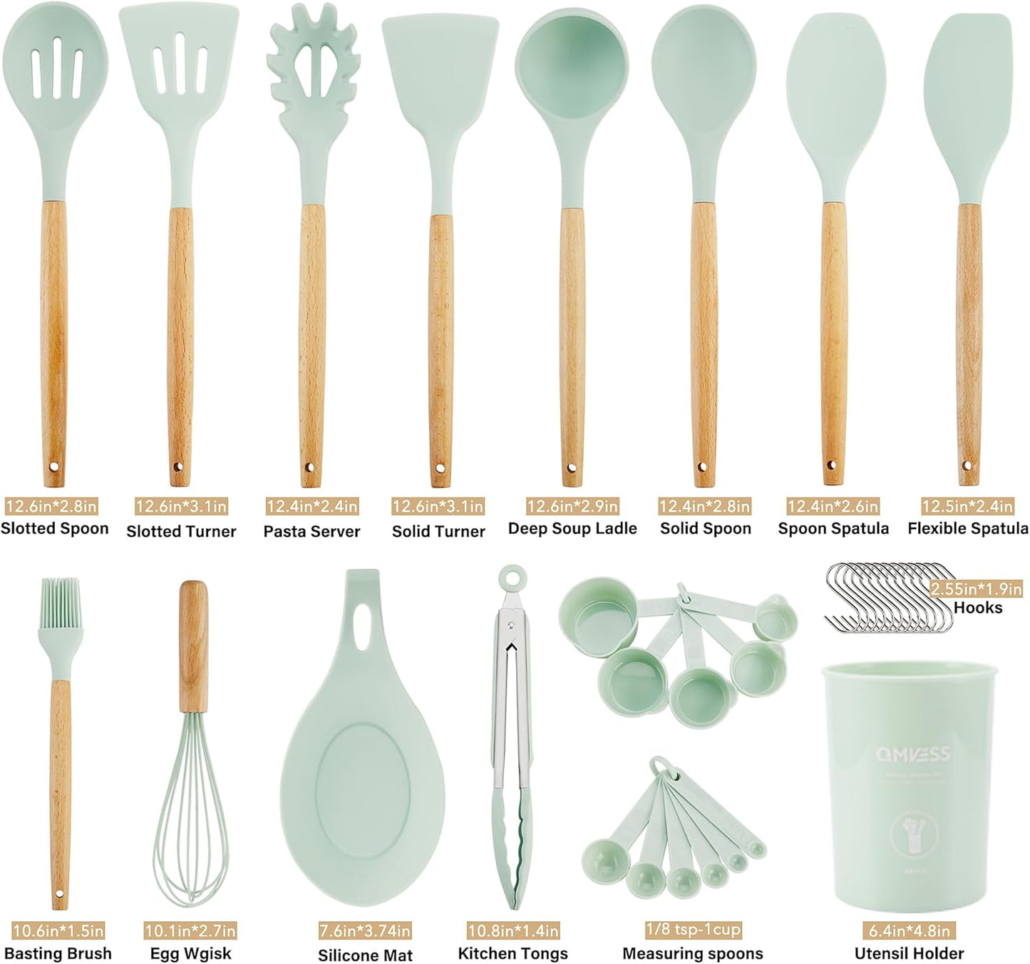 QMVESS Silicone Kitchen Utensils Set, 35 Pcs Non-Stick Cooking Utensils Set, Sturdy Insulation Wooden Handle Kitchen Accessories for Cooking with Spatula Set and Spoons Set Gadgets (Light Green)