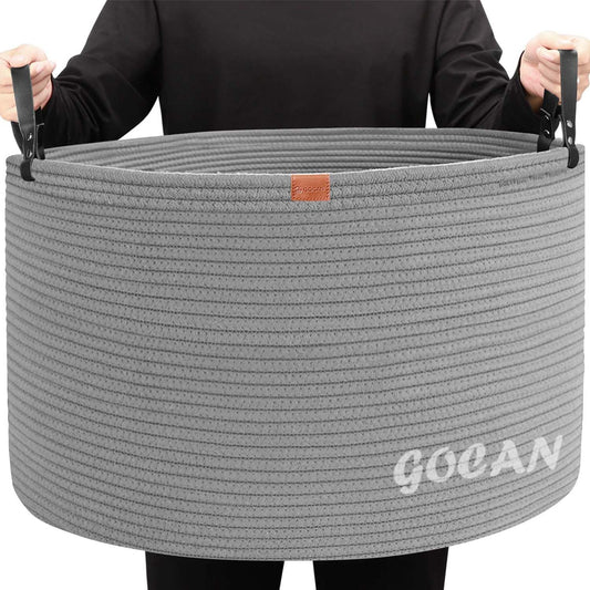 Cotton Rope Woven Laundry Basket 22"X 22"X 14" with handles(Gery) XXXL | Hand-woven, ideal for storing blankets and cushions in the living room, and clothes for household storage.