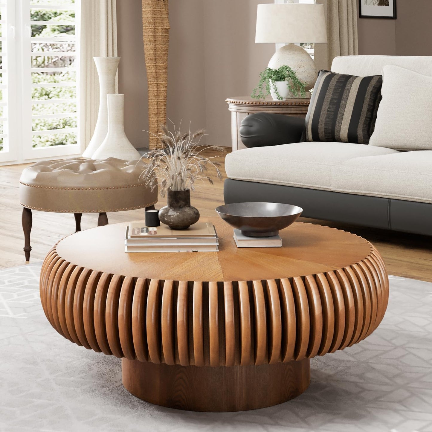 31 inch Brown Round Fluted Coffee Table for Living Room (E, 1PC) | Mid Century Modern Style, Drum Shape, Low Circle Center Table, Wood Fluted Stripes, For Small Spaces, Easy to Assemble