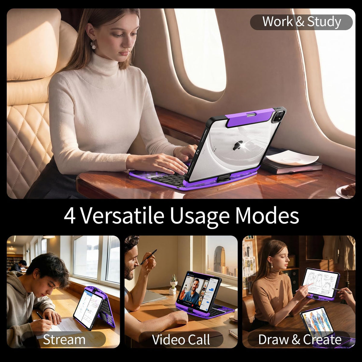 Clear Keyboard Case for iPad Pro 11 Inch with 360° Rotation, Purple