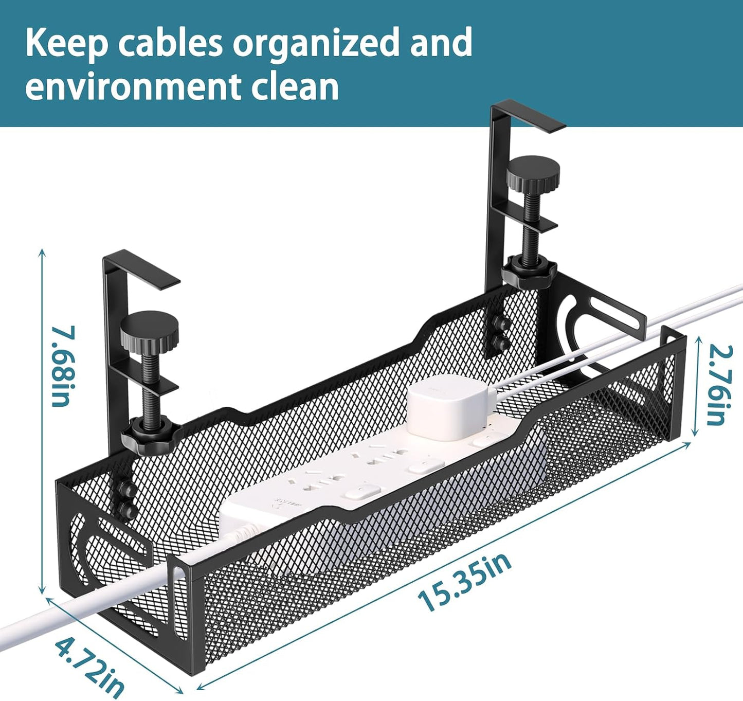 Under Desk Cable Management Tray, No Drill Mesh Cable Tray Cord Organizer | Wire Management Tray Cable Management Rack, Cable Management Box (Black)