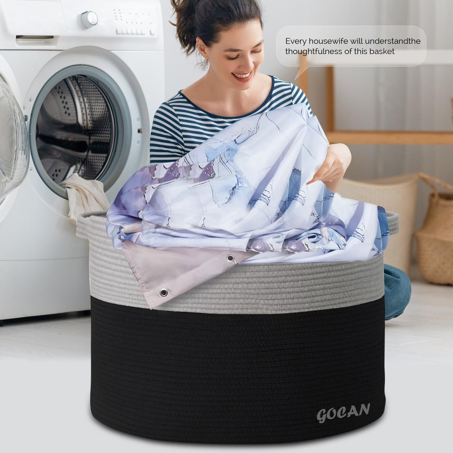 Cotton Rope Woven Laundry Basket 22"X 22"X 14" with handles(Black-Grey)XXXL | Hand-woven, ideal for storing blankets and cushions in the living room, and clothes for household storage.