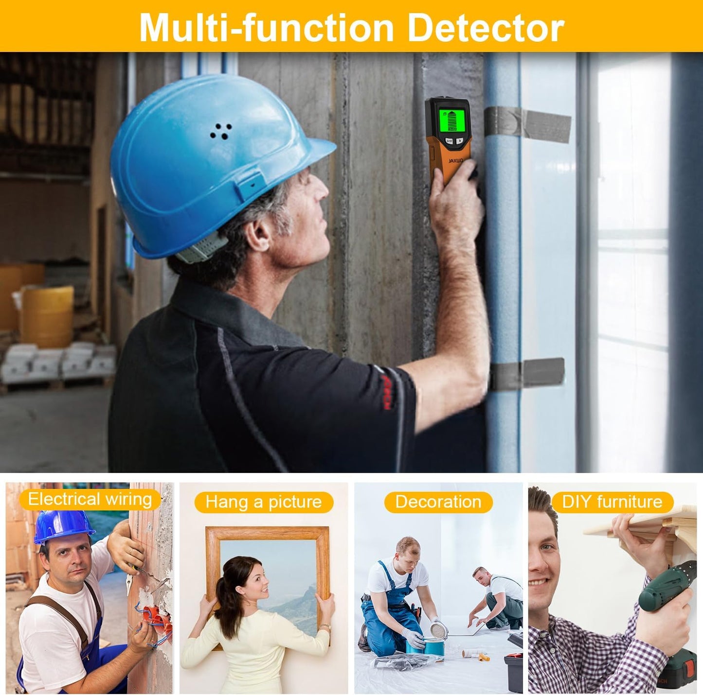 Stud Finder Wall Scanner - 5 in 1 Stud Finder Tool w/Smart Chip and HD LCD Display, Stud Detector Beam Finders for the Center and Edge of Wood AC Wire Metal Studs Joist Pipe (Orange Juice)