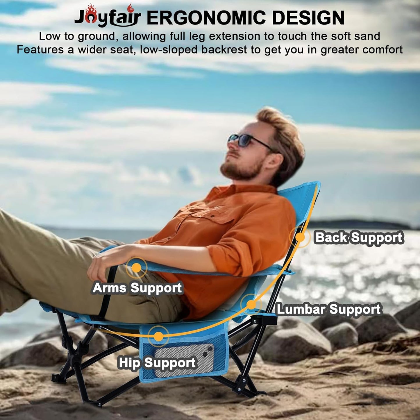Joyfair Beach Camping Chair (2 Pack), Outdoor Folding Chair for Adults, Heavy Duty Portable Chair for Outside Fishing, Lawn, Sport, Patio, Armrest Cup Holder & Storage Pocket, Carry Bag (Blue)