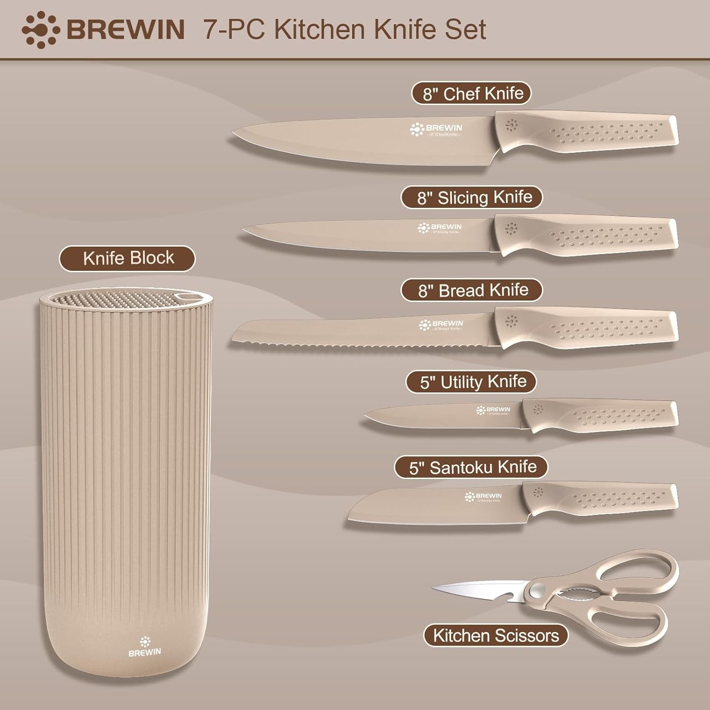 Knife Set, Brewin Kitchen Knife Set, Knives Set for Kitchen, Universal Knife Block, Utility Knife Block Set, New Home Essentials, Apartment Essentials, camping essentials, rv essentials