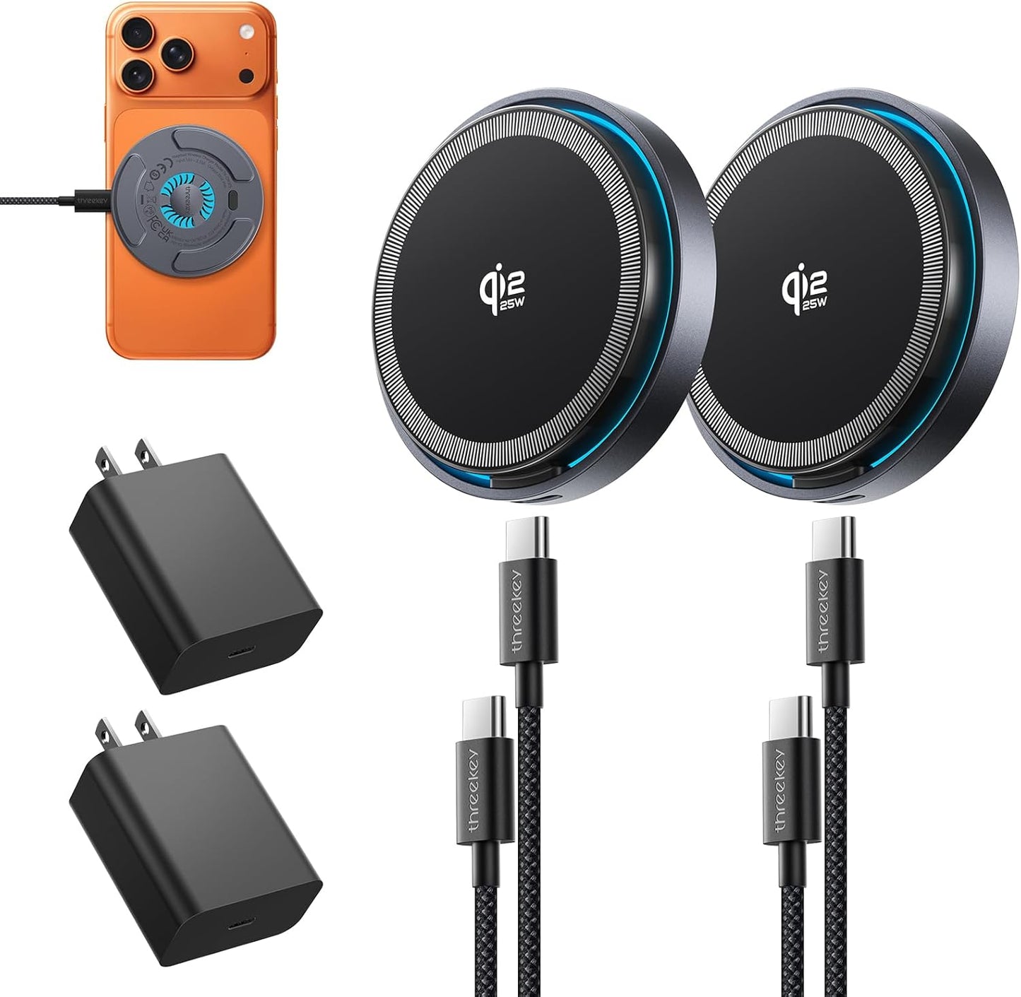 THREEKEY Qi2.2 25W Magnetic Wireless Charger: 2 Pack Fast Wireless Charging Pad for iPhone 17/16/15/14/13/12 Pro Max & AirPods, with Cooling Fan, 6.6ft Cable for Travel & Desk(35W Adapters Included)