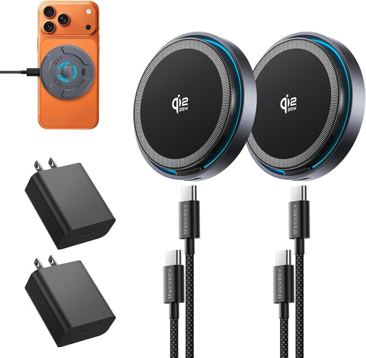THREEKEY Qi2.2 25W Magnetic Wireless Charger: 2 Pack Fast Wireless Charging Pad for iPhone 17/16/15/14/13/12 Pro Max & AirPods, with Cooling Fan, 6.6ft Cable for Travel & Desk(35W Adapters Included)