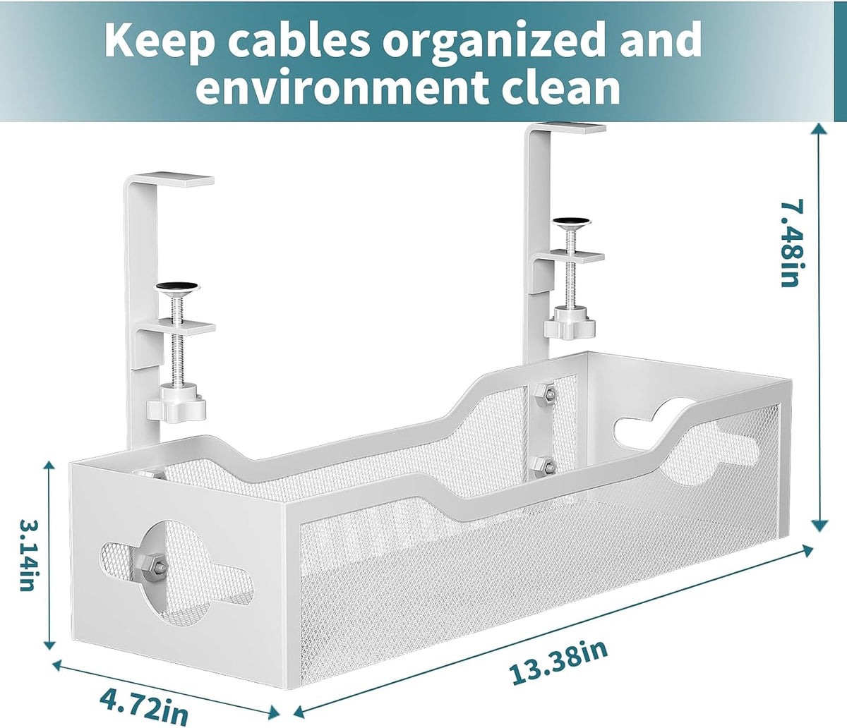 Under Desk Cable Management Tray No Drill, 13.38'' Metal Tray with Clamp for Wire Management, Litwaro Cord Organizer Home Office Damage to Standing Desk, White