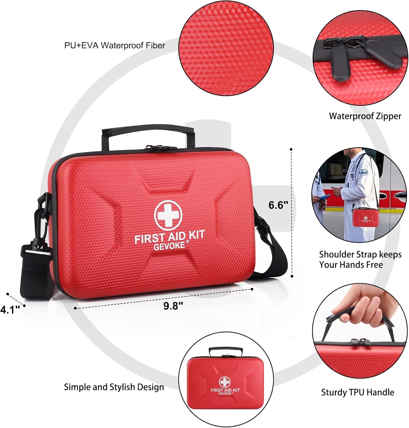Gevoke 410 Piece Waterproof Hard Shell First Aid Kit for Home, Car, Travel, Camping, Truck, Hiking, Sports, Office, Vehicle & Outdoor Emergencies - Emergency Medical Kits (Red)