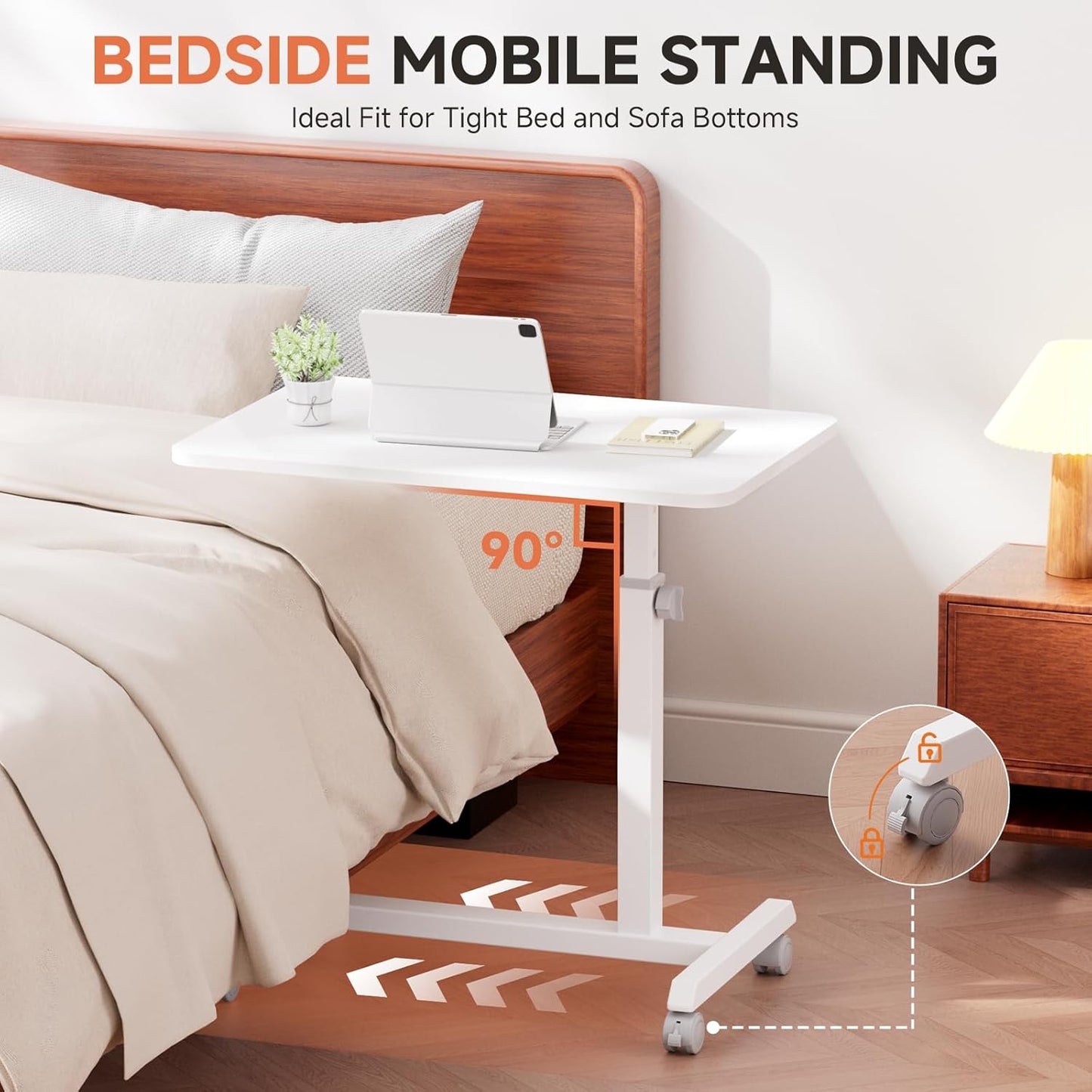 GTPLAYER Small Standing Desk, 24 Inches Mobile Rolling Laptop PC Table with Lockable Casters, Adjustable Height Overbed Bedside Table Computer Workstation for Home Office, White-Fixed
