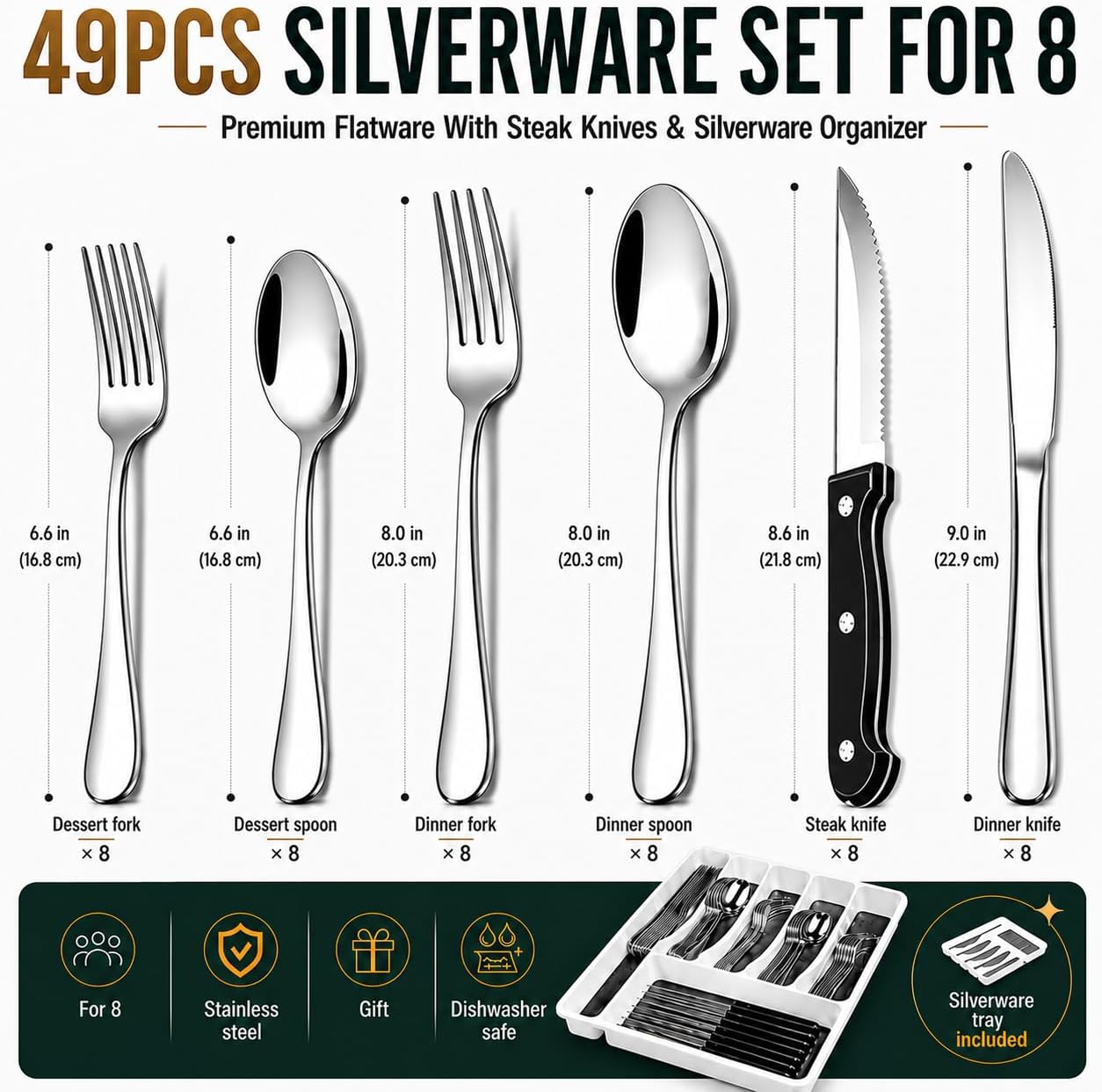 49-Piece Silverware Set with Organizer, Stainless Steel Flatware Utensils Set for 8, Forks and Spoons Silverware Set Cutlery Set with Steak Knives, Dishwasher Safe