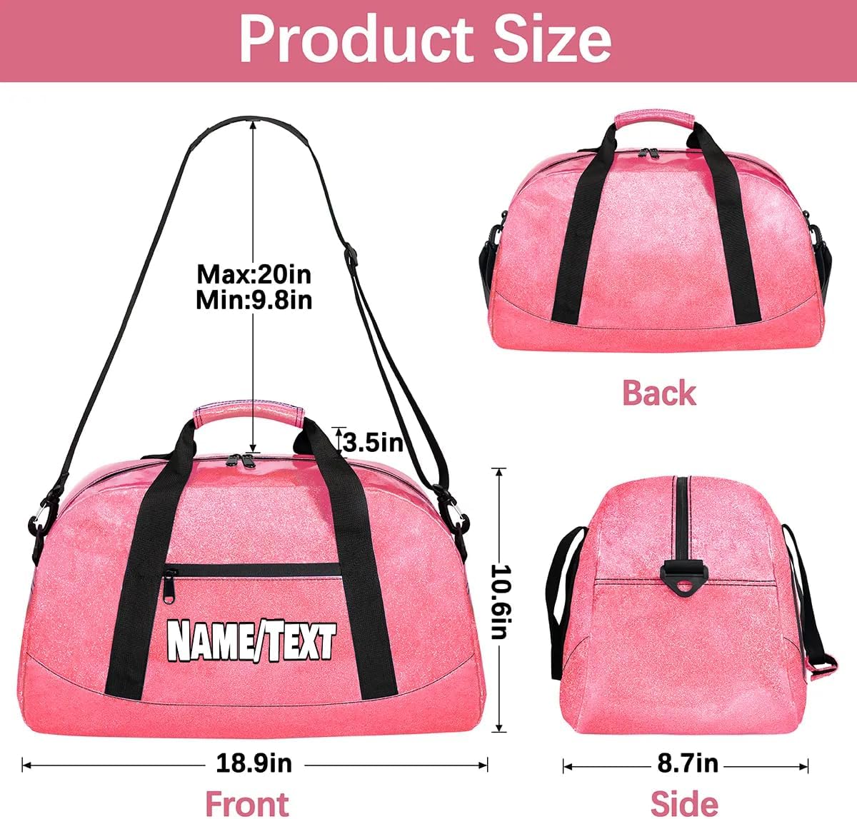 Customized Gym Bag with Name/Text Weekender Travel Bag Personlized Duffle Bags for Women Waterproof Overnight Bag Sports Color Glitter Carry On Travel Tote Bag Dance Bags