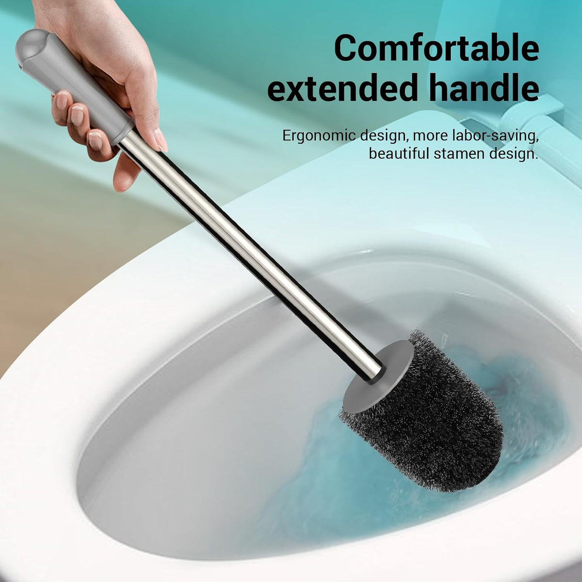 Toilet Brush and Holder Set, 2 Pack with Stainless Steel Handle Toilet Bowl Brush, Compact Toilet Scrubber Brush for Deep Cleaning Bathroom Restroom, Easy to Assemble-Grey