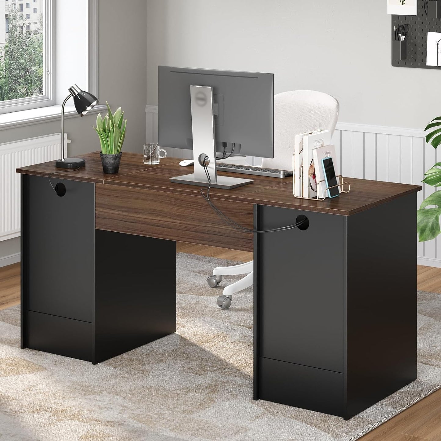 Bestier 59” Computer Desk with 4 Drawers, Office Desk with Storage, Industrial Executive Desk with File Drawer, Keyboard Tray & 2 Pedestals for Home Office & Studio, Cherry