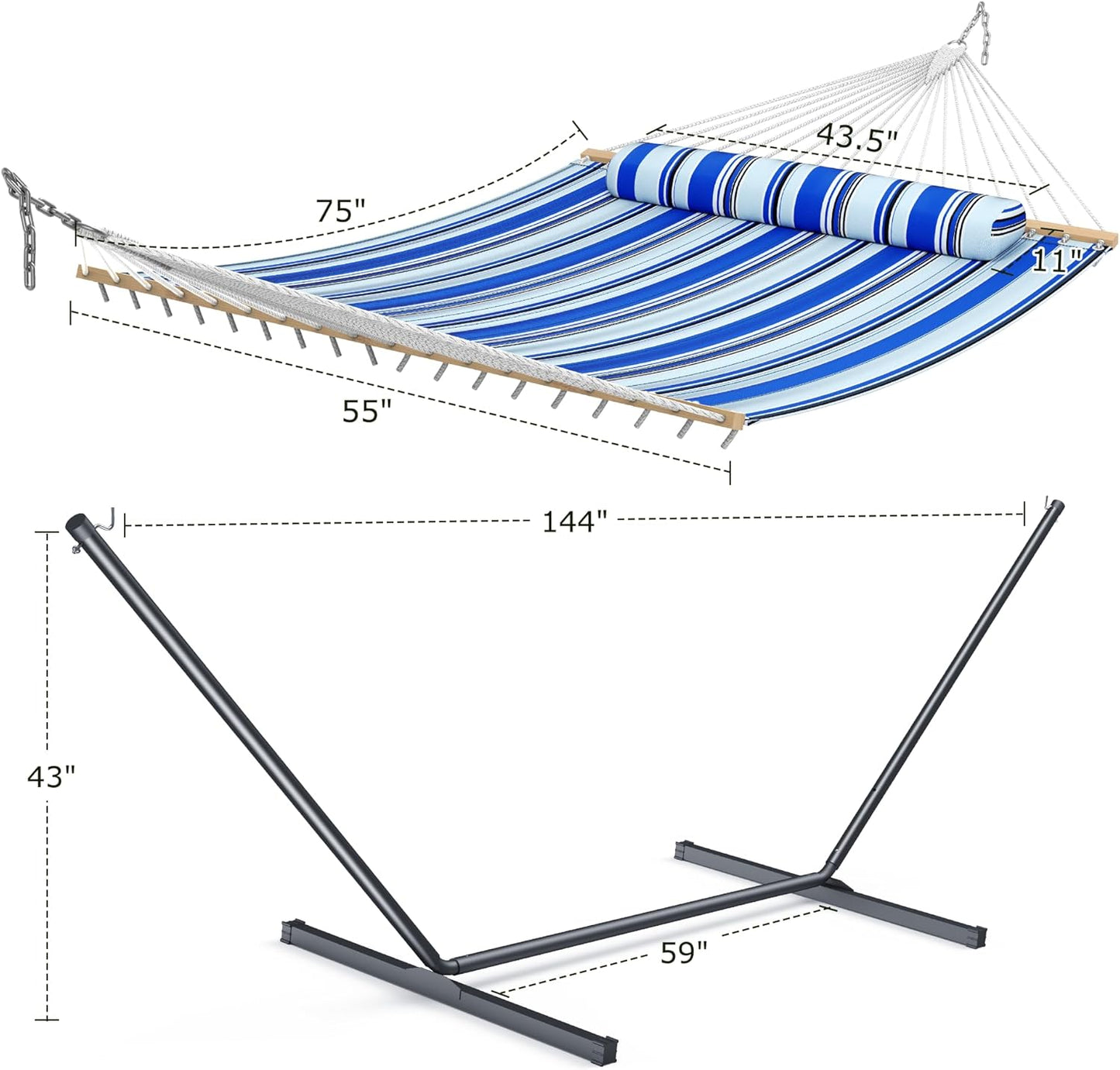 ANAGOO Double Hammock with Stand, Heavy Duty Outdoor Hammock for Two, 500 LBS Capacity, Stable Steel Frame with Balance Strap, Easy Tool-Free Assembly for Patio, Garden, Backyard & Beach,Blue