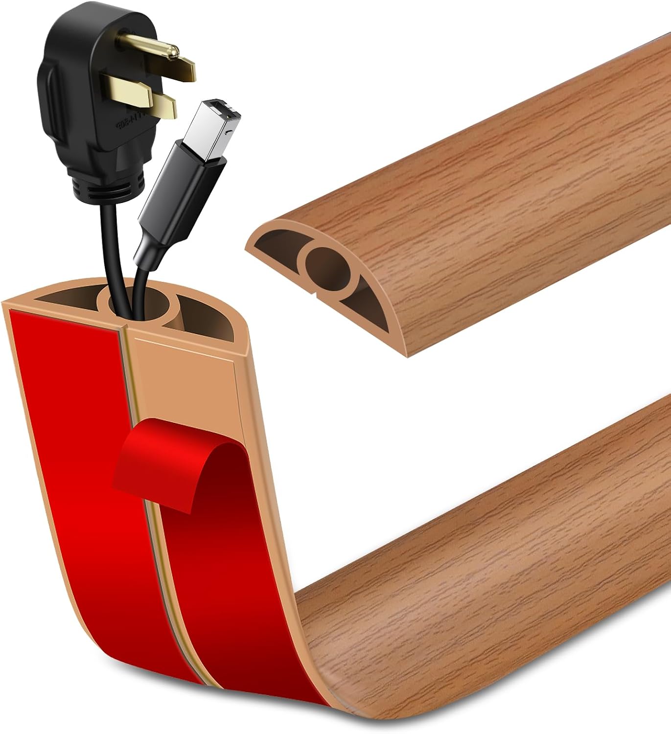 LSGCQ Floor Cord Cover Self Adhesive Cord Hider Floor Cable Management | Cord Covers for Wires on Floor Cable Cover, Prevent Cable Trips, Cable Cavity 0.32" W x 0.32" H, 20Ft, Light Brown Wood
