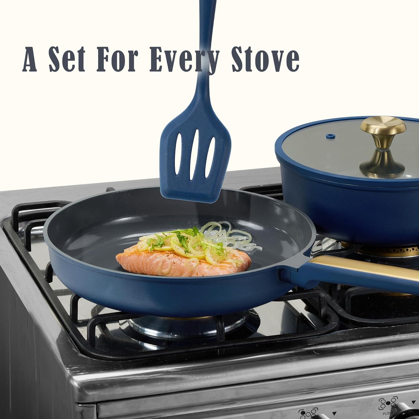 CAROTE Ceramic Cookwar Set, Pots and Pan Set Non Stick 16 Piece, Cookware Set Kitchen Cooking Set Non Toxic, PFAS PTFE Free, Blue
